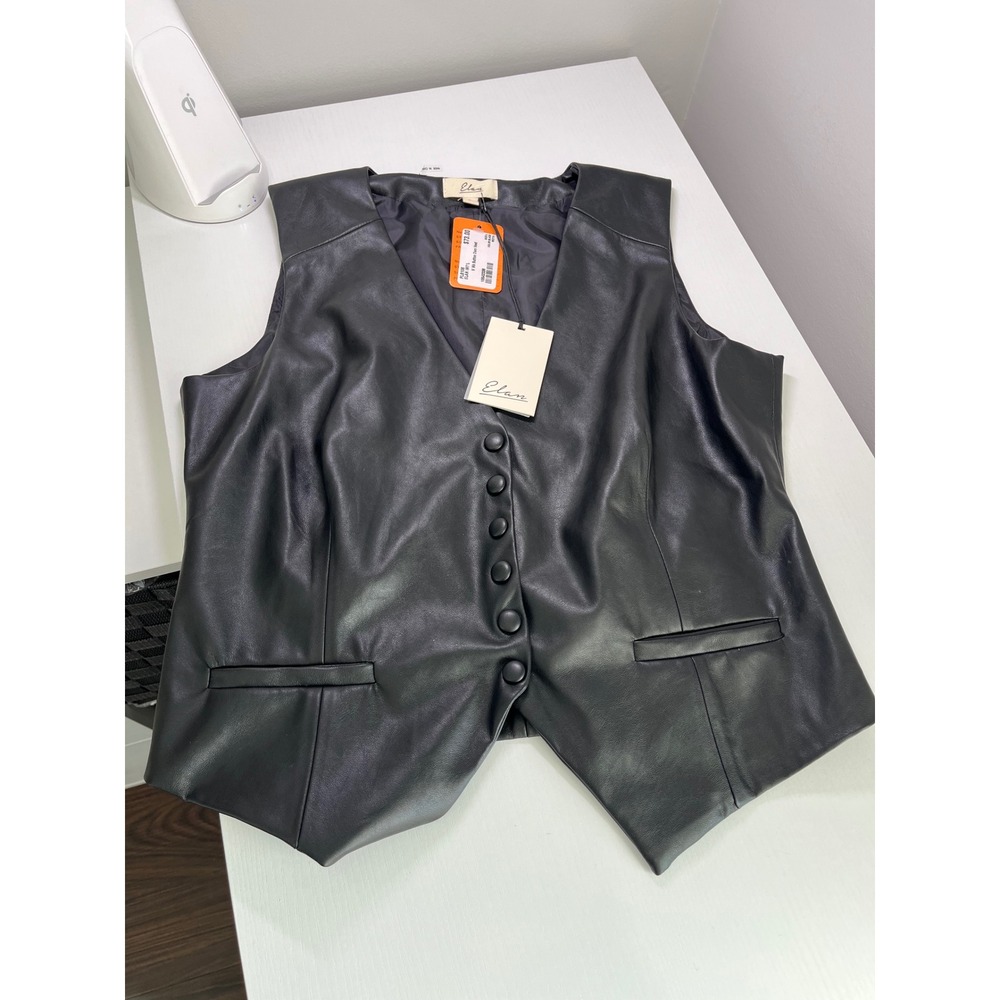 Elan‎ International Womens Black Vegan Leather Tailored V-Neck Vest FL8106 Large